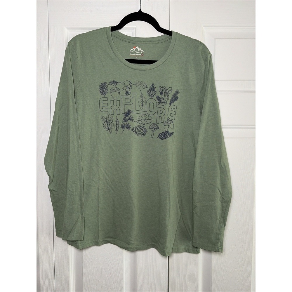 Mountain and Isles Explore Graphic Tee Womens Size XL Green Long Sleeve Cotton